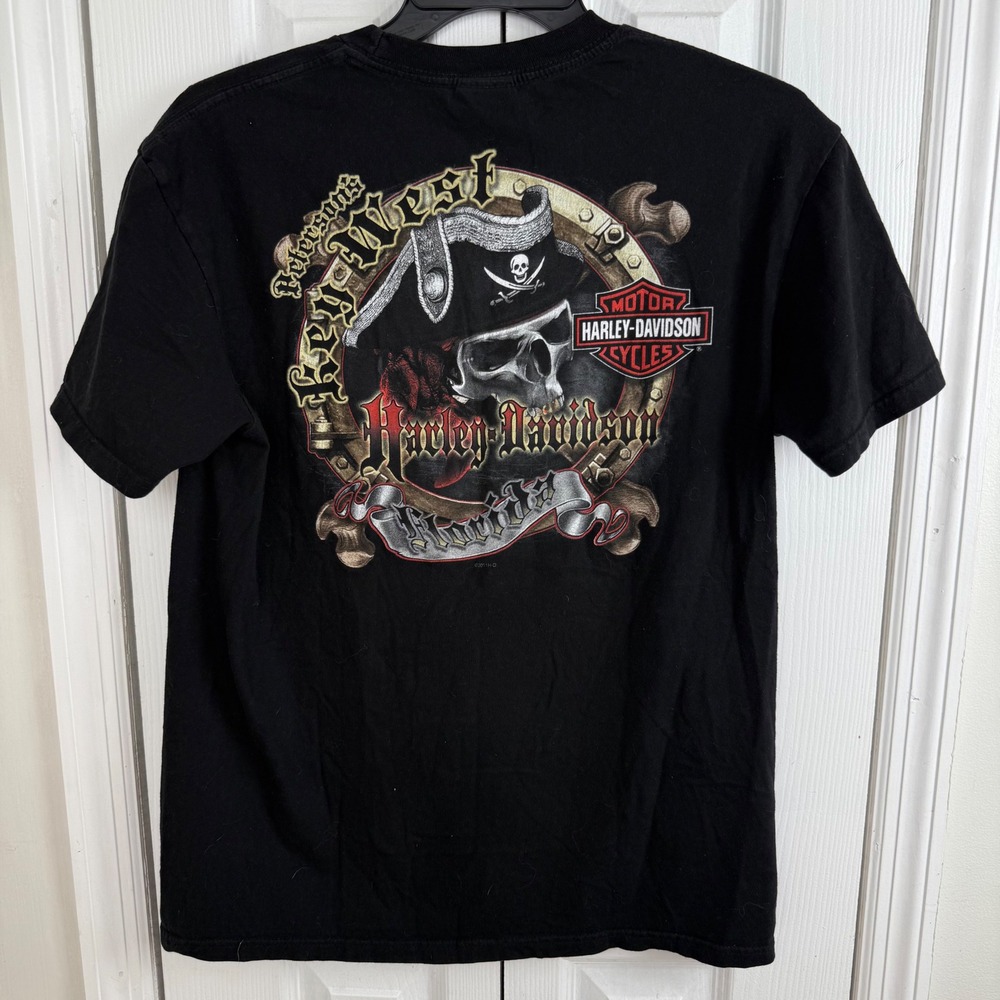 Harley Davidson Pirate Skull Treasure Coast Tee L Biker Graphic Y2K Black Shirt